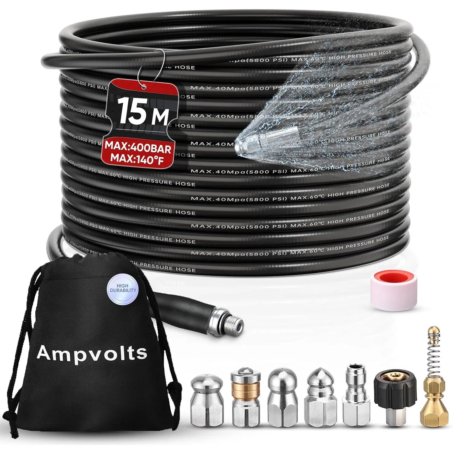 50FT Sewer Jetter Kit for Pressure Washer, 5800 PSI Drain Hose with 5 Jet Nozzles & 2, Compatible with Spray Guns and Washers, for Clogged Pipes and Drains