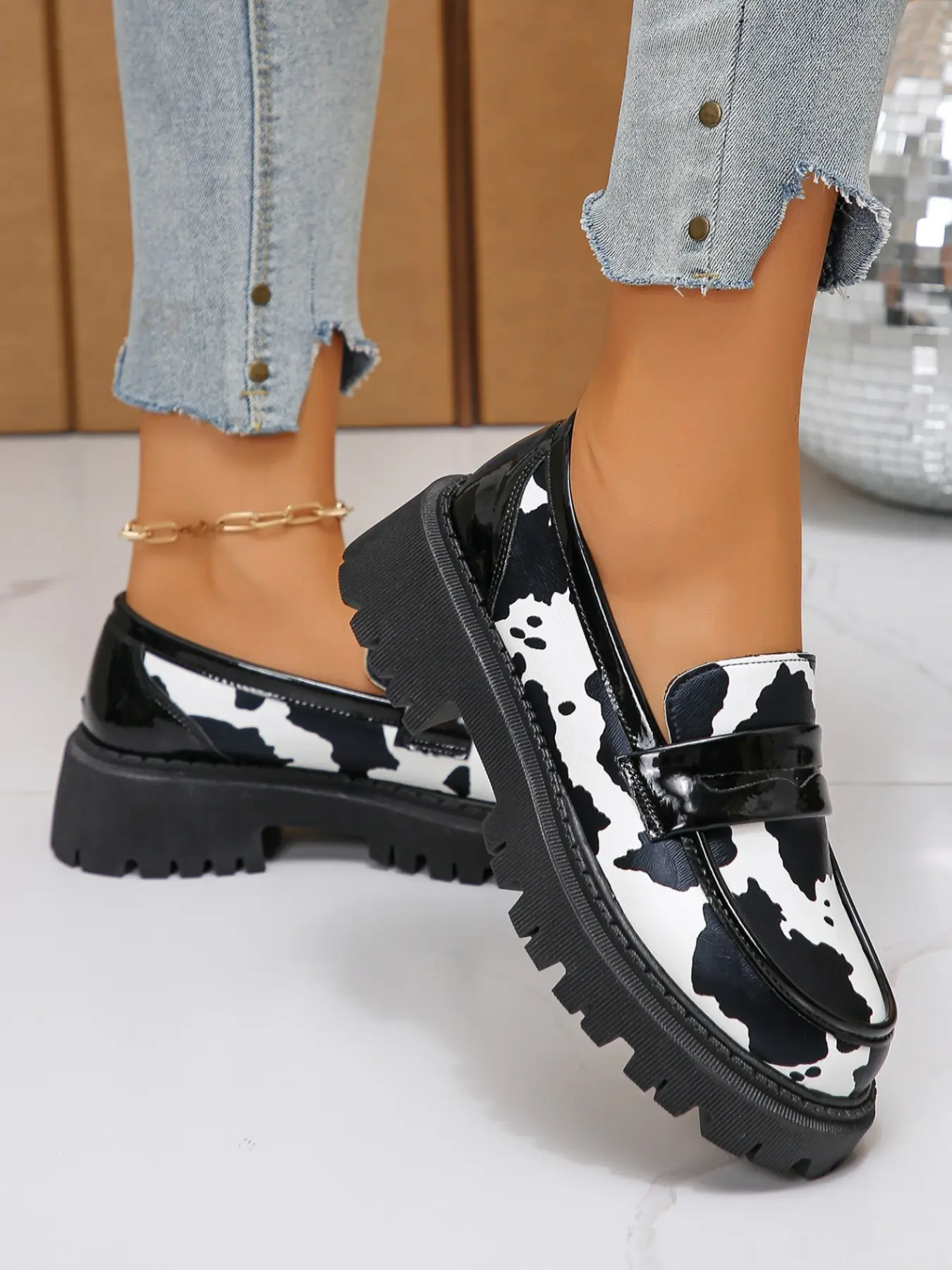 Animal Print Thick Sole Loafers, Zebra Cow Pattern Bright Leather Patch Slip-On Chunky Shoes, Sweet Cool Girl Style, All-Season Women's Shoes