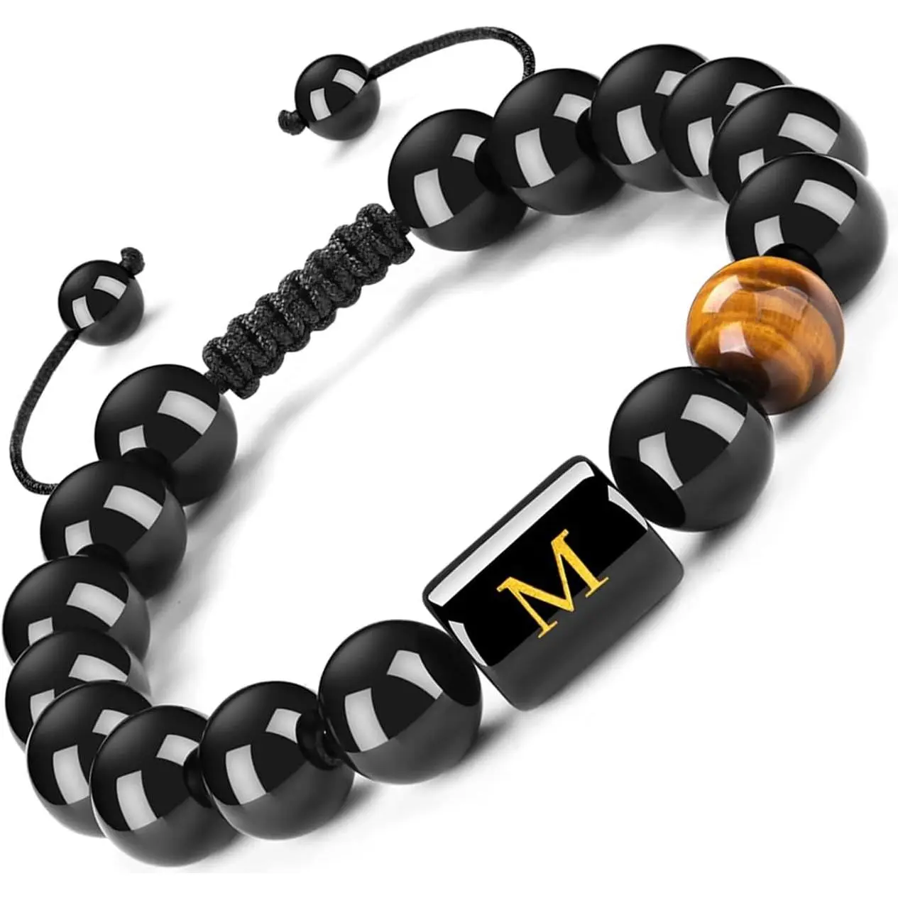 Initials Bracelets for Men Letter Link   Black Onyx Tiger Eye Stone Beads Braided Rope Meaningful Bracelet