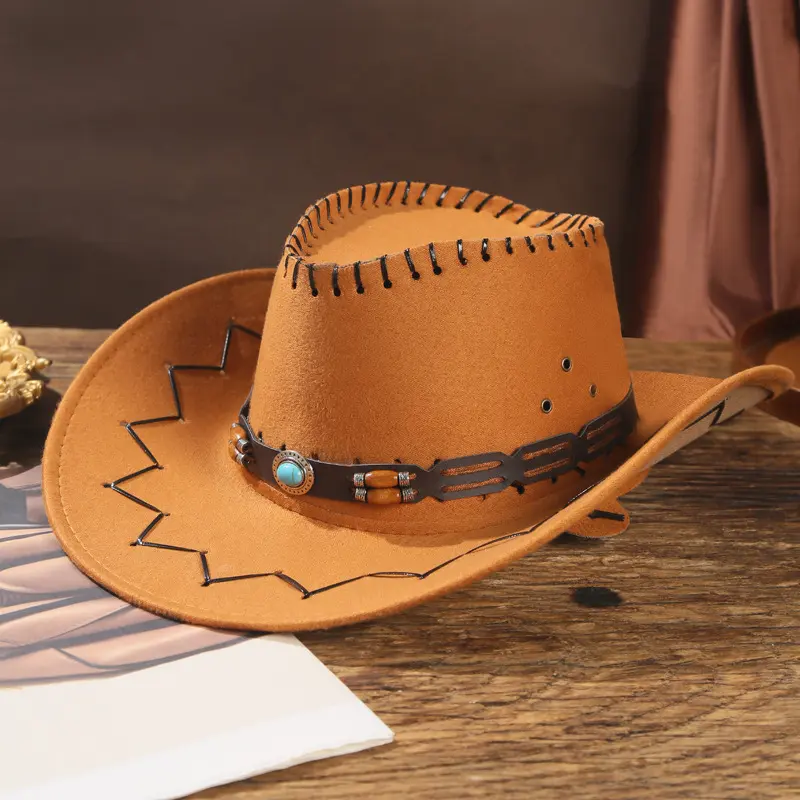 Vintage Western Cowboy Hats with a Cotton Base and Leather Band, Stylish Unisex Wear for Outdoor Events