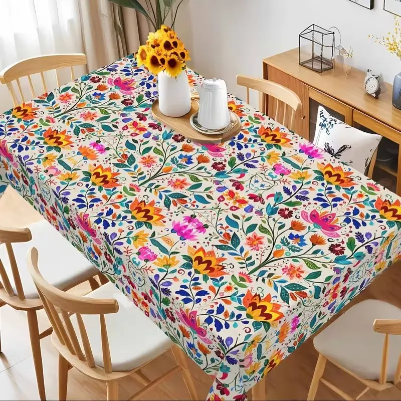 2D Flat Party Tablecloth 1pc, Mexican Polyester Tablecloth, Colorful Floral Design, Durable, Indoor/outdoor Use, Home Kitchen, Camping, Picnic, Festival Events Decor