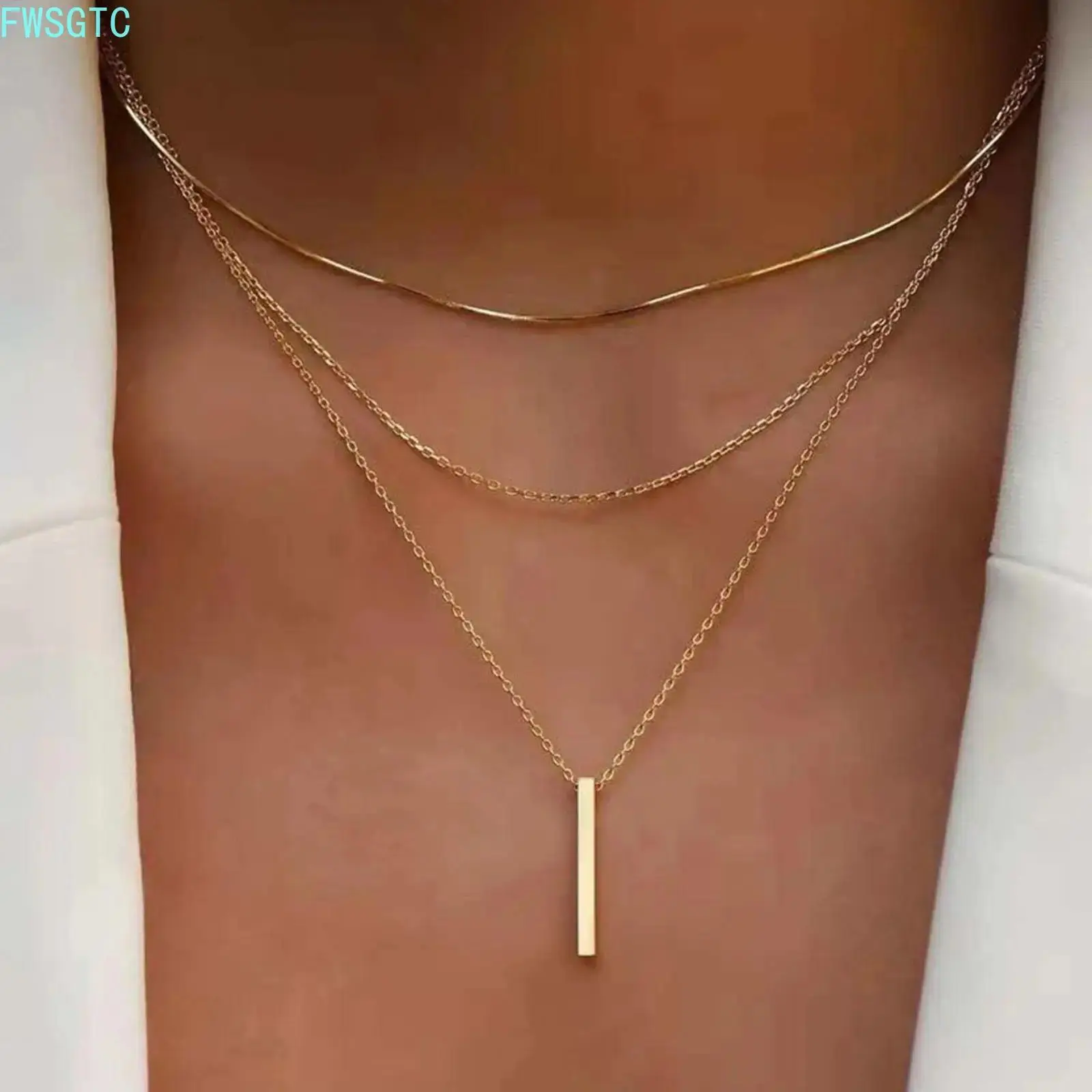 Women's Alloy Chain Multi-Layer Chain Link Choker Necklace with Minimalist Delicate Bar Pendant, Stackable Fashion Jewelry for Casual Wear, Wedding Guest Dresses, Women's Dresses Outfit Matching