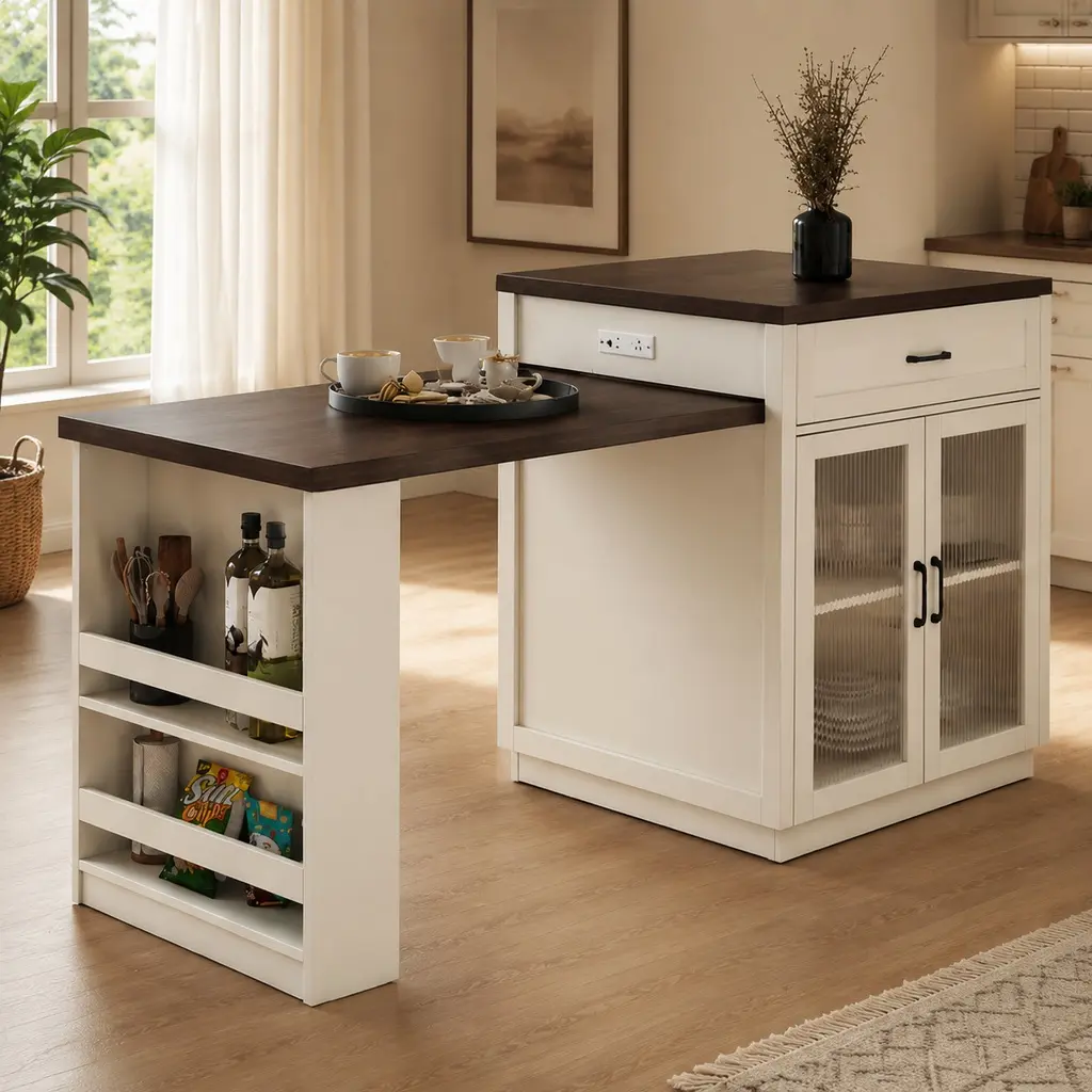 ARCH Extendable Creamy White MDF+Glass Kitchen Island with Slide-Out Table, Storage Racks, Power Outlet, Breakfast Bar, Workstation, 83.1" Seats 2-6, Indoor Home Furniture