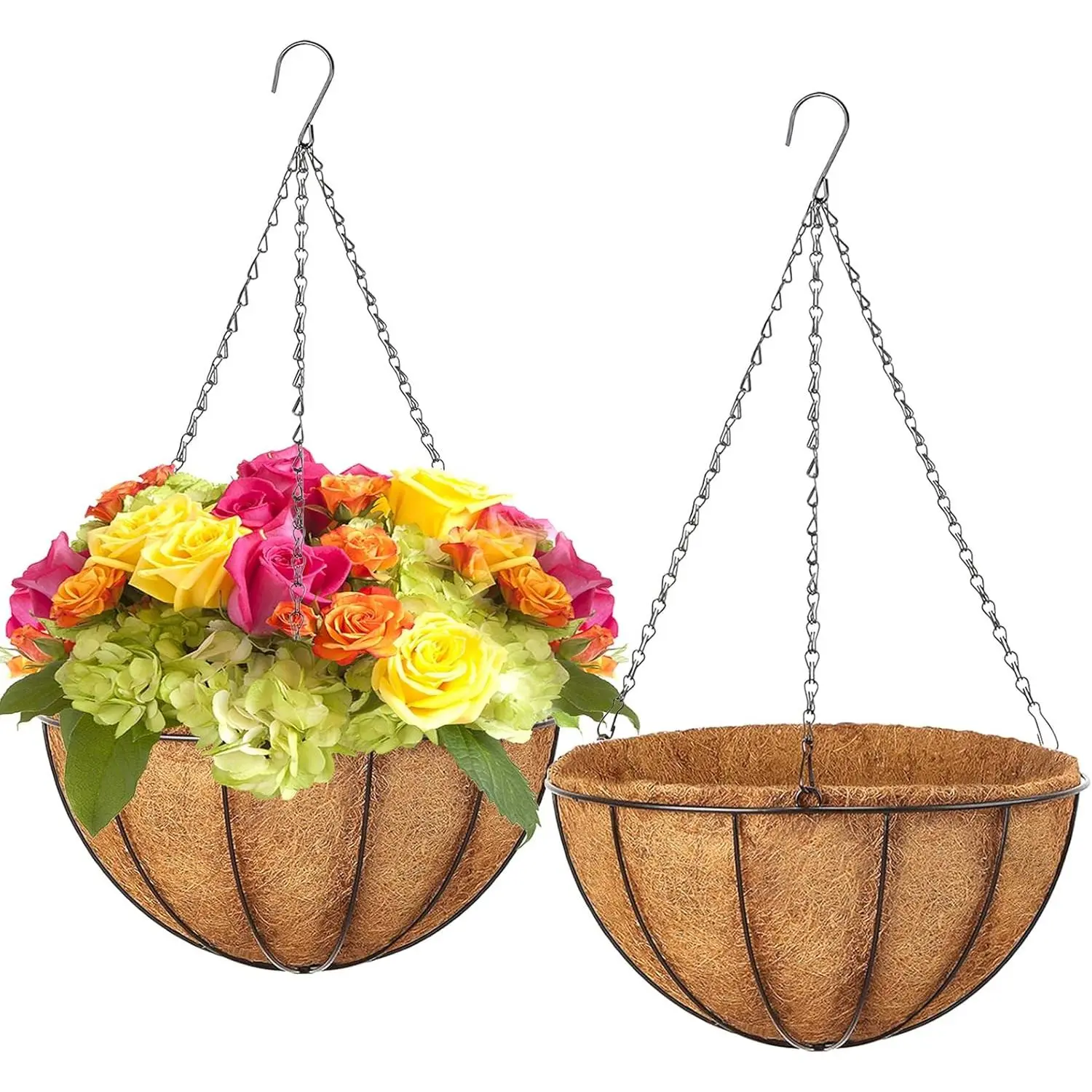 Hanging Baskets Planter for Plants - 2 Pack 12 Inch Metal Baskets with Coco Coir Liner, Hanging Flower Pots for Outside with Chain, Indoor Outdoor Garden Porch Decoration (12'' Pack of 2)