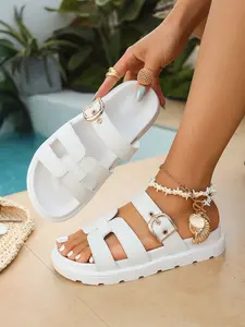 Women's Summer Sandals, Waterproof Anti-Slip Thick Sole, Preppy Style, PU Upper, Rubber Sole, Casual Beach Pool Commute Shoes