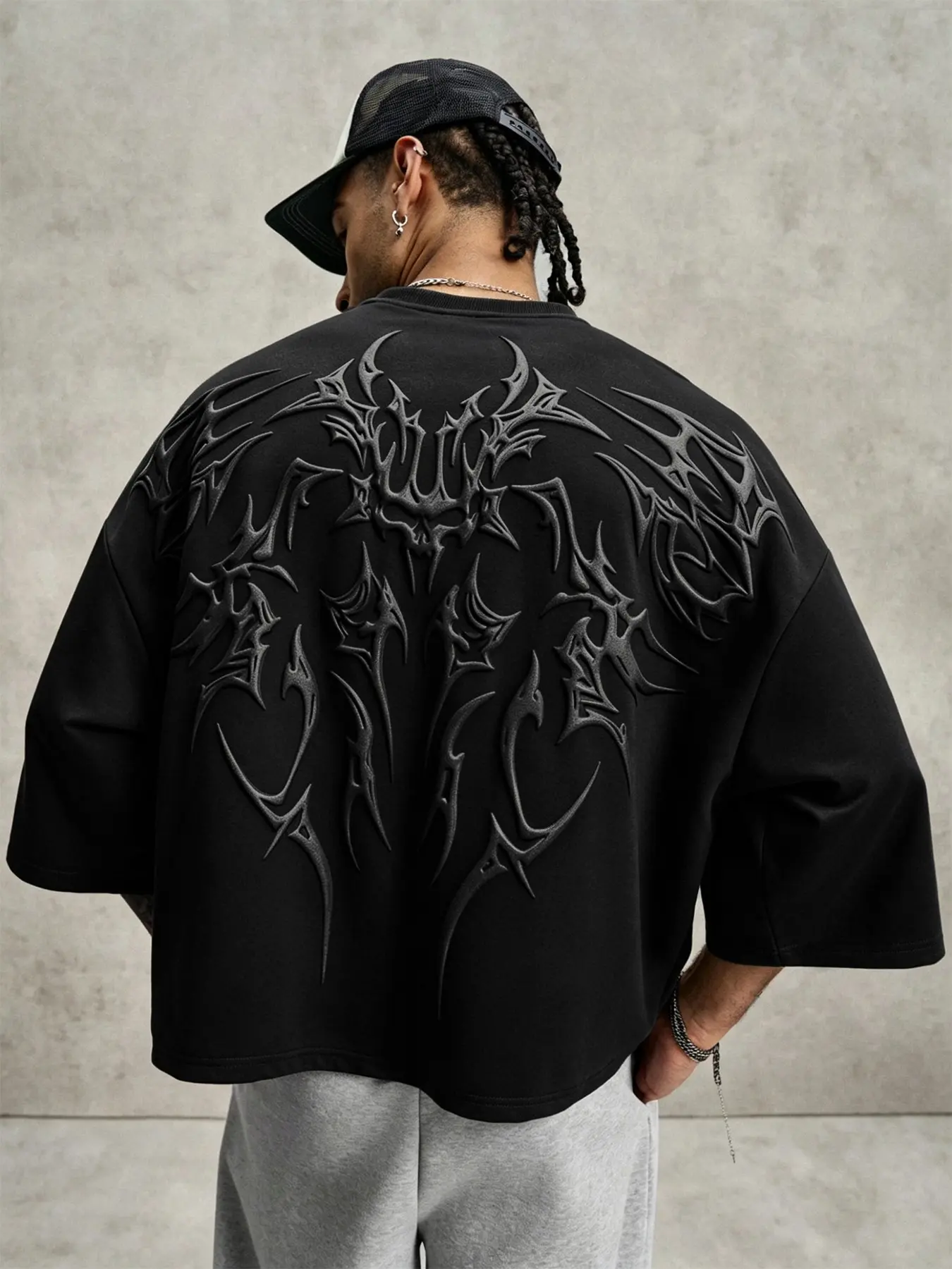 Men's Gothic Streetwear Oversized Baggy Cropped T-Shirt, Crew Neck Short Sleeve Top With 3D Thorn Tribal Tattoo Pattern, Suitable For Casual Gatherings, Weekend Trips And Alternative Style Outfits