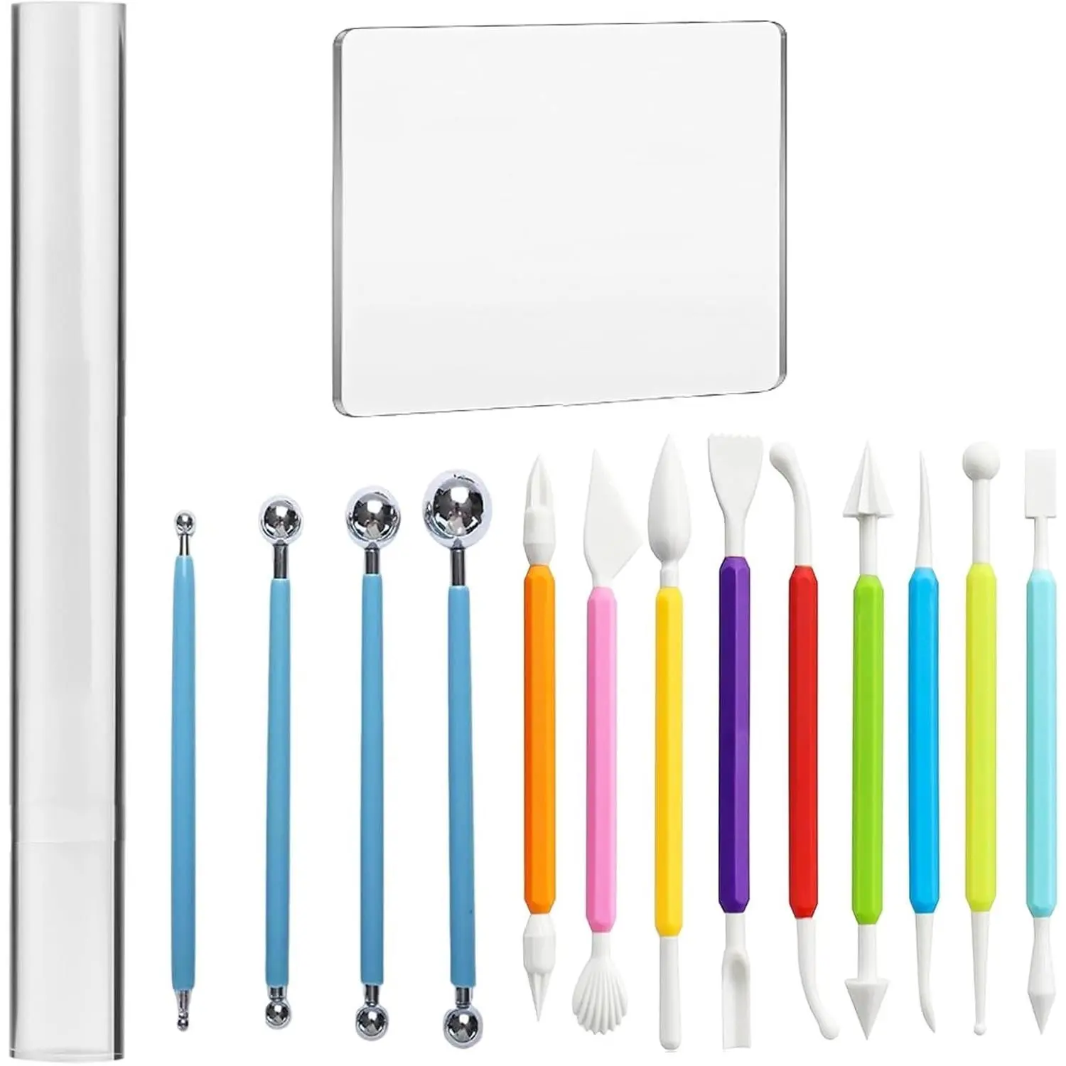 Basic Polymer Clay Tools, Clay Sculpting Tools Acrylic Roller Pin, Clear Rectangle Sheet Press Board, Double-Ended Pottery Carving Set for Beginner (15)