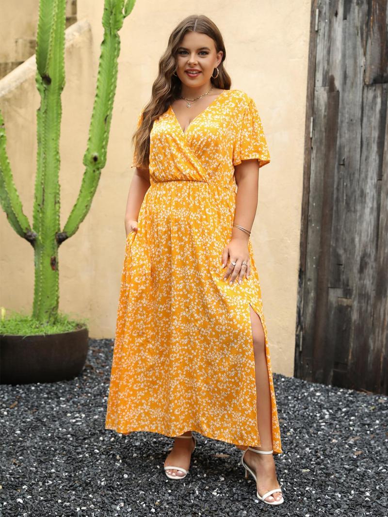 【Plus Size】 Ditsy Floral Print Wrap Split Thigh Dress, Boho Fashion Dress, Boho Butterfly Sleeve V Neck A Line Dress for Beach Holiday Vacation, Women's Clothes for Summer