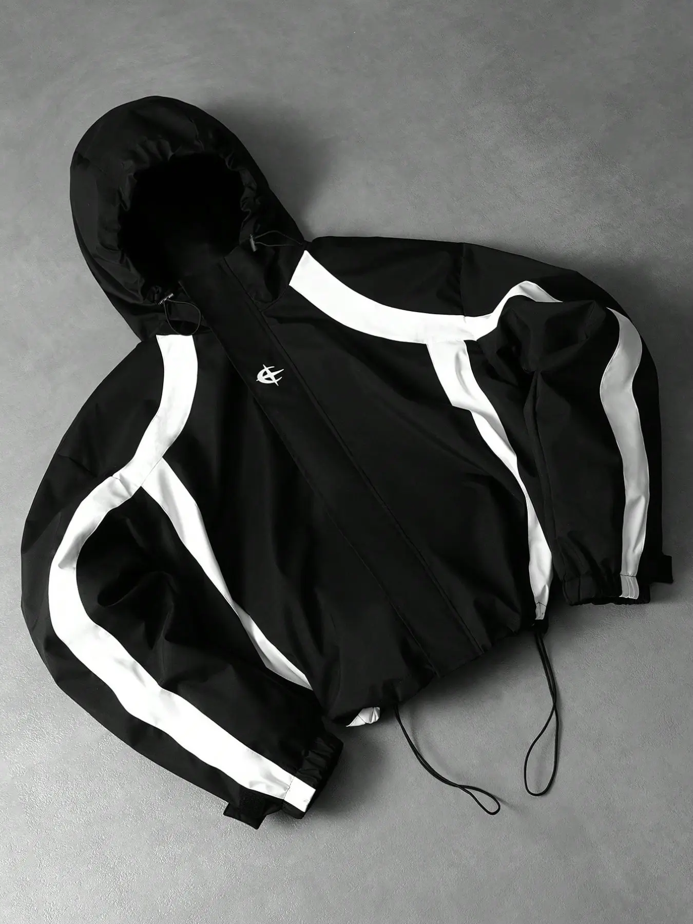 Streetwear Functional Jacket, Block Arc Line Hooded Coat, Loose Retro Zipper Sport Casual Top, Trendy Outerwear