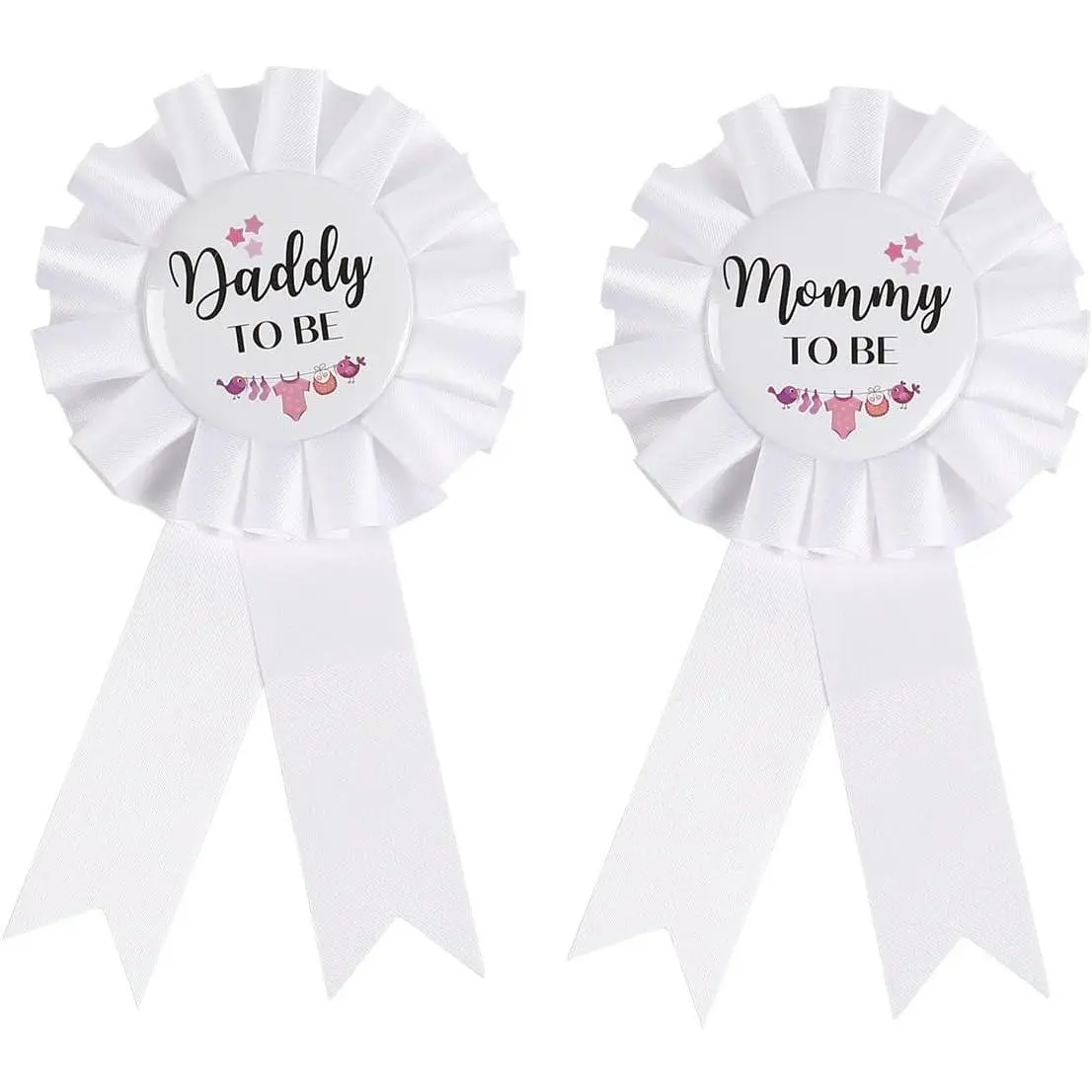 Pink Baby Shower Pins - 6.1x3.1" Mommy to Be & Daddy to Be Button Wear Badges, 2-Piece Set, Unisex Gender Reveal Party Decorations & Gifts