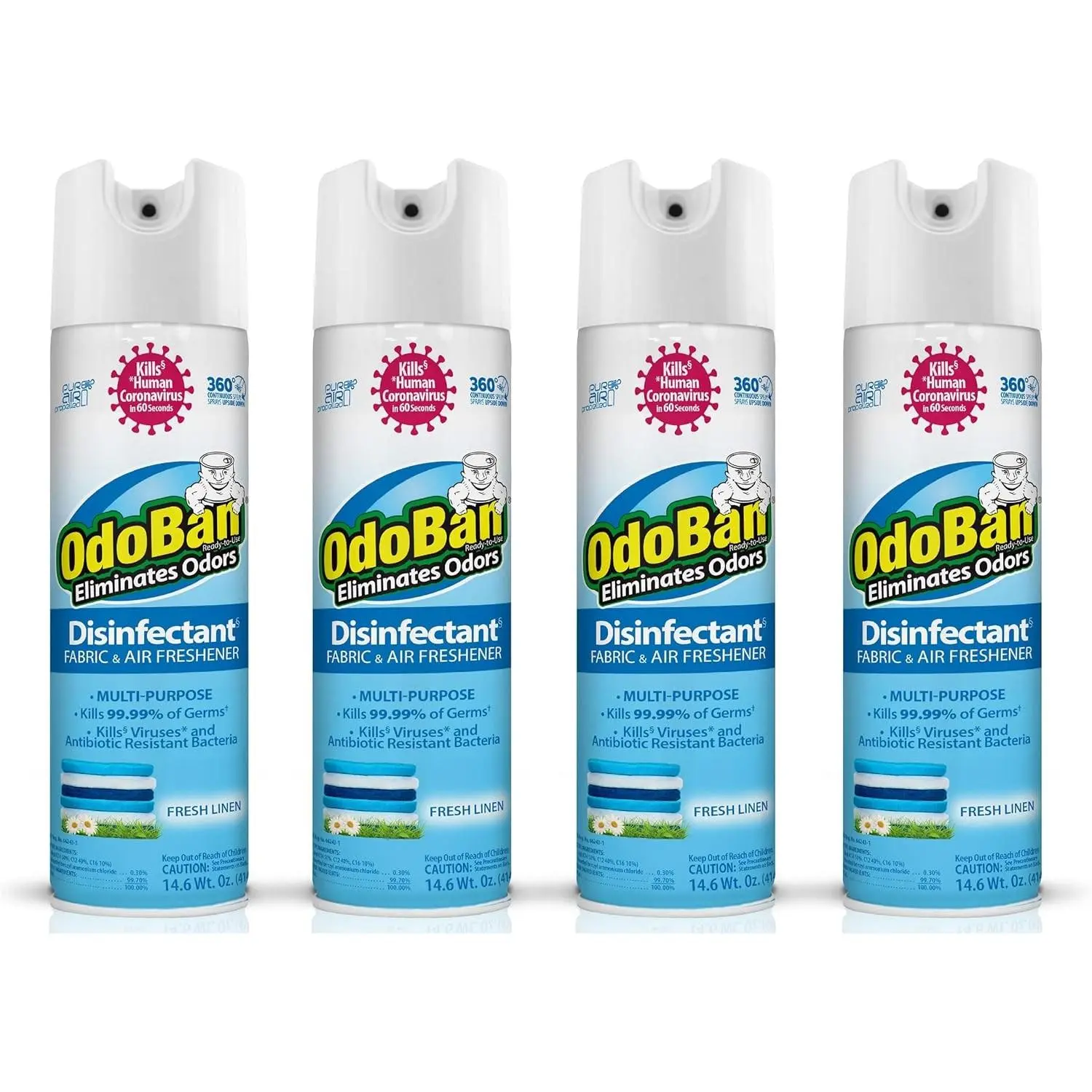 OdoBan Ready-to-Use 360-Degree Continuous Spray Disinfectant and Harsh Aroma Eliminator, Fabric and Air Freshener, 4 Pack, 14.6 Ounces Each, Fresh Linen Scent