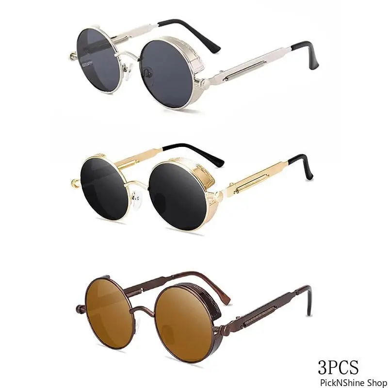 Sunglasses 3pcs Metal Round UV400 With Side Shields Classic Steampunk Vintage Y2K Grunge Aesthetic For Men And Women Daily Driving Vacation