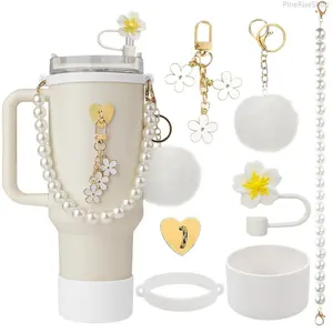 Bag Charm Accessory Set - New Pearl Decor Straw Topper, Cup Sleeve, Plush Ball Pendant for Daily, Outdoor Use