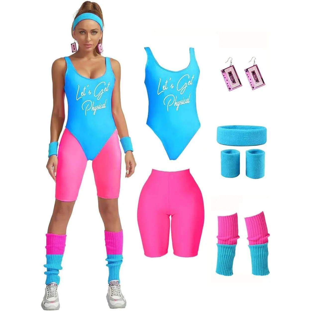 Womens 80s Workout Costume Set Leotard Neon Leggings Headband Wristbands(Gift)