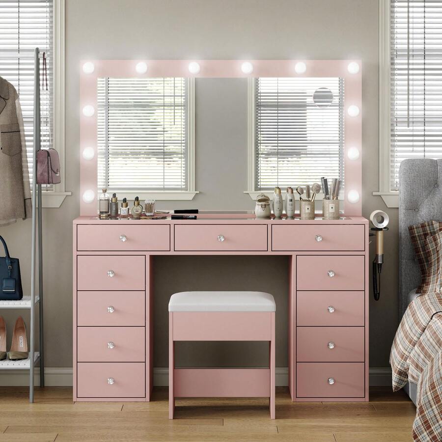 Vanity Desk with Illuminated Mirror & Power Outlet, Makeup Vanity Table with 12 LED Lights, 11 Drawers & Tempered Glass Top, Dressing Table with Chair for Bedroom & Dressing Room, Modern Vanity Set for Women Girls