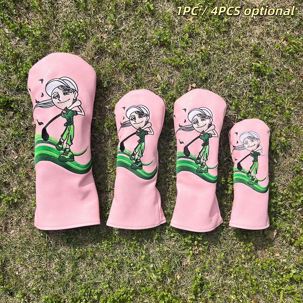 Cute Lady Golfer Embroidered Golf Headcovers, Waterproof PU Golf Club Protectors, Ideal Gift for Women Golfers, Durable & Stylish Design, Golf Accessory