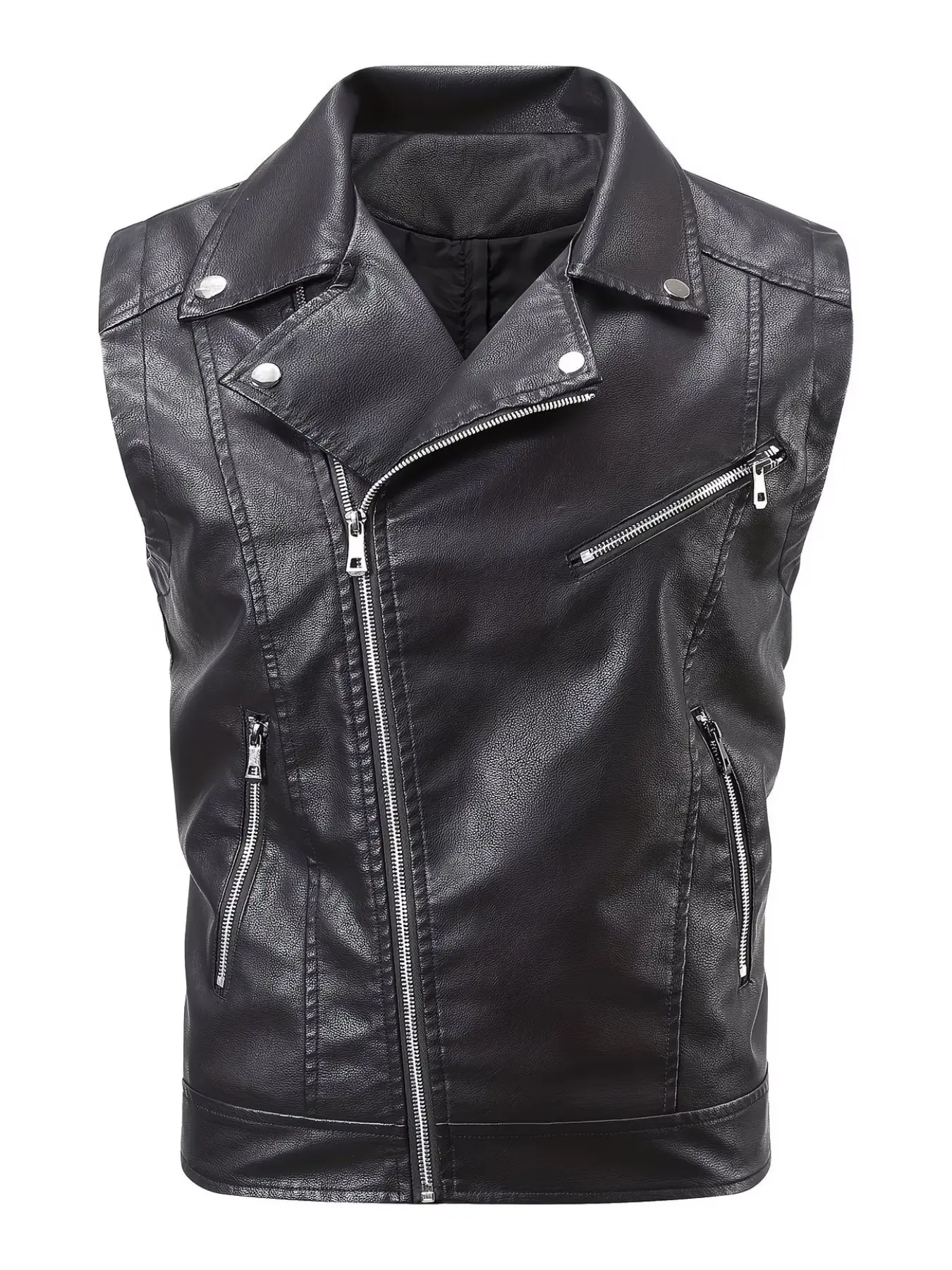 Men's Vintage PU Leather Motorcycle Vest, Lapel Design, Multiple Zip Pockets, Sleeveless Riding Jacket, Casual Outerwear