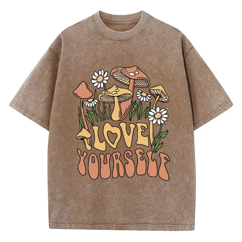 Oversized Graphic T-Shirt, Women's Vintage 'Love Yourself' Mushroom Shortsleeve Top in Washed Cotton for Everyday Streetwear, Tops, Cargo, Fabric, Loose, Soft, Tee, Hand Wash, 230G, Crew Neck, Casual, Loose Cut, Graphic Print, All Seasons