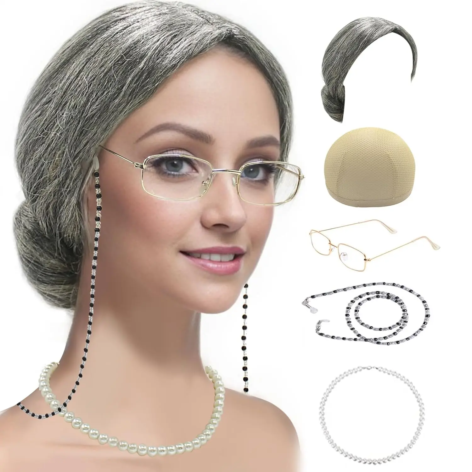 Grandma Costume Set for Women, 5-Piece Cosplay Wear with Grey Bun Wig, Wig Cap, Glasses, Eyeglass Chain, and Faux Pearls Necklace, Accessories