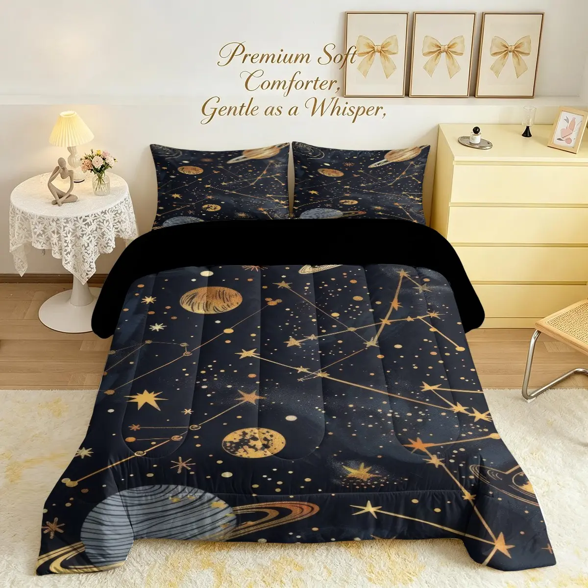 2/3-Piece Starry Planet Printed Quilt Set, Patterned Bedding Set, Retro Universe Starry Sky Theme Bedding Set, Soft And Quilted And 1/2 Coreless Pillowcase, Lightweight And Breathable, Suitable For Children And Teenagers Bedroom Bedding Set