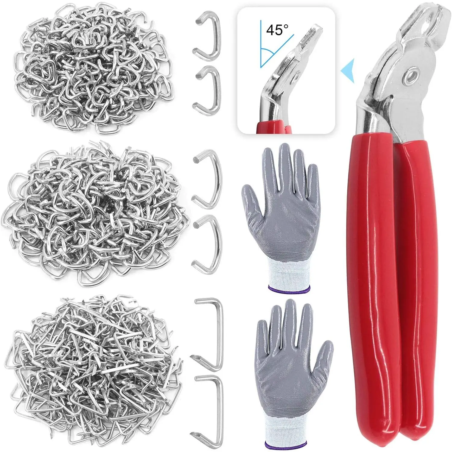 362Pcs Hog Ring Pliers Kit with 360Pcs Rings (1/2'' 3/4'' 3/8'') and Anti-Cutting Gloves for Upholstery, Fencing, DIY Craft, Furniture and More