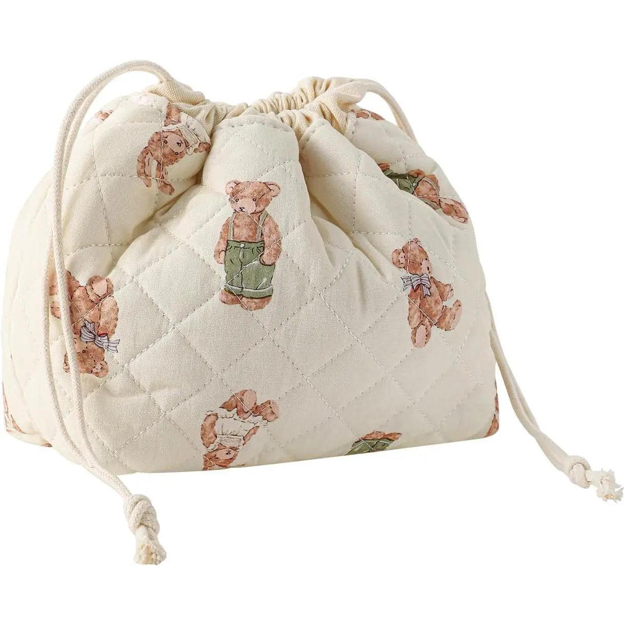 Cotton Quilted Drawstring Makeup Bag with Canvas Lining,Coquette Aesthetic Cute Travel Toiletry Bag,Drawstring Gift Bag for Women and Girls（04White Bear）