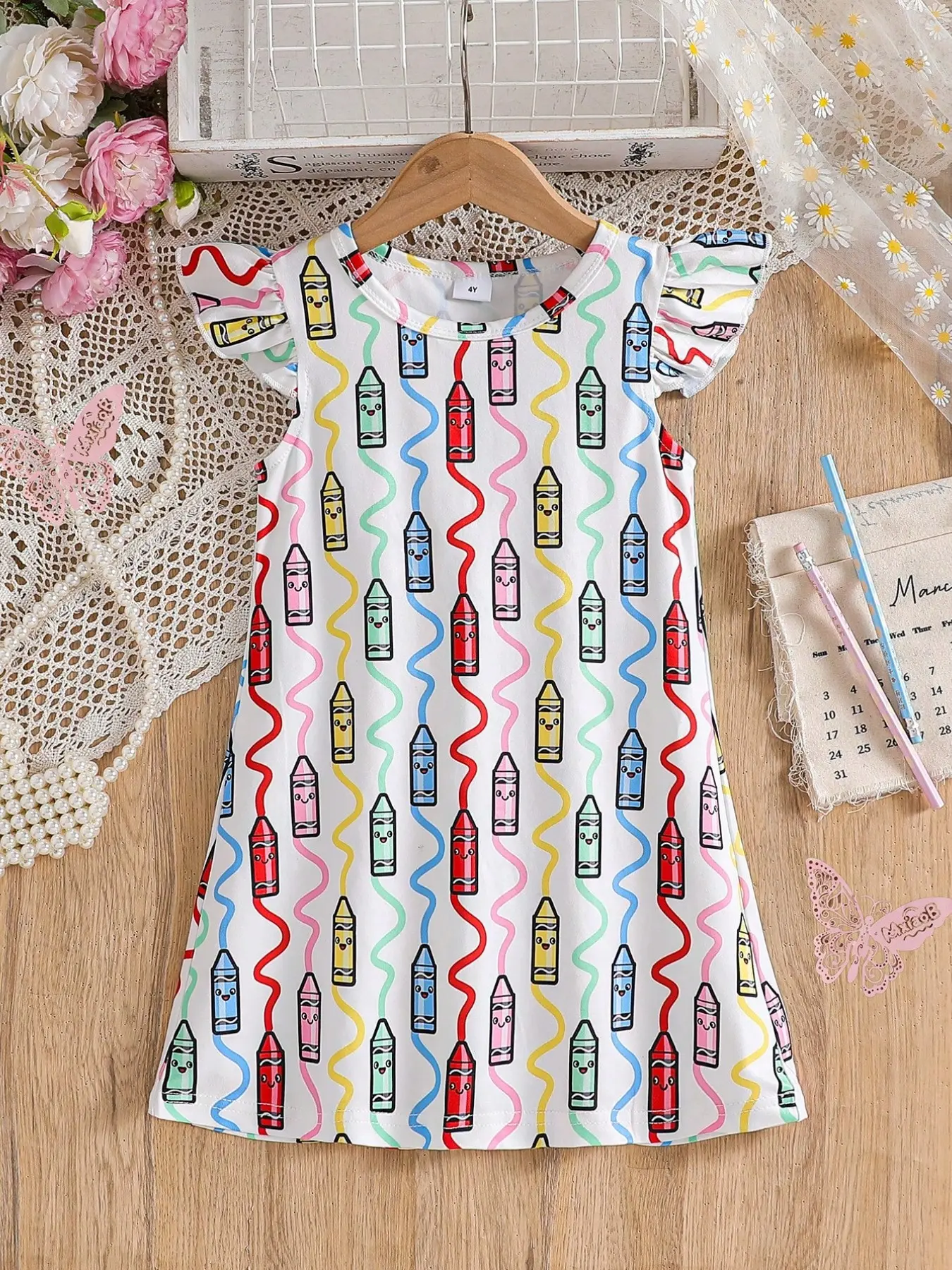 Girls' Casual Short Sleeve Dress, Flower Pattern, Knee Length, Slim-Fitting, Natural Waist, Soft Knit Fabric, Spring Summer Outdoor Wear, Casual Dresses