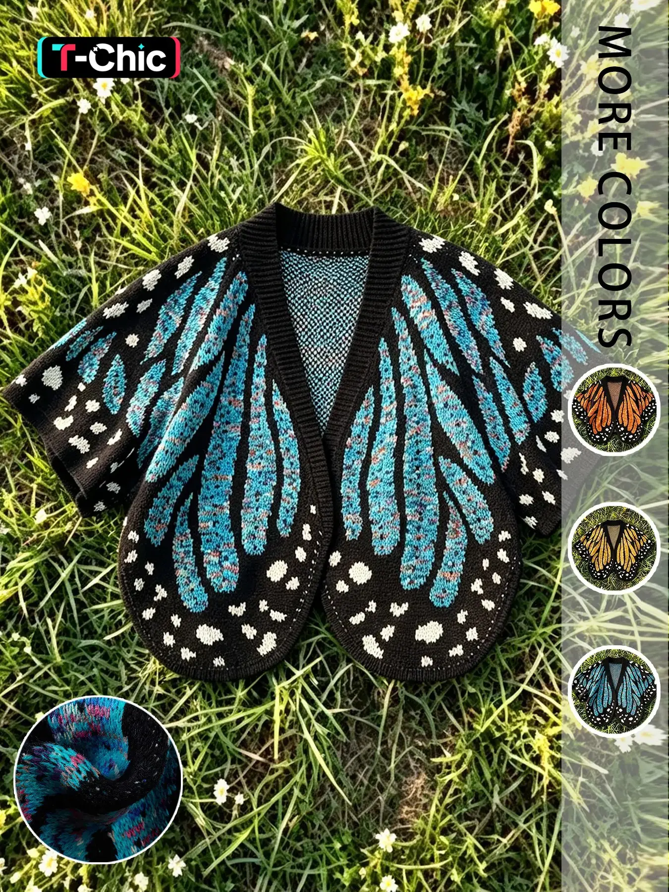 Women's Butterfly Print Open Front Short Loose Knit Cardigan, Batwing Sleeve Boho Style Casual Fall Sweater Coat, Fashionable Outerwear for Women