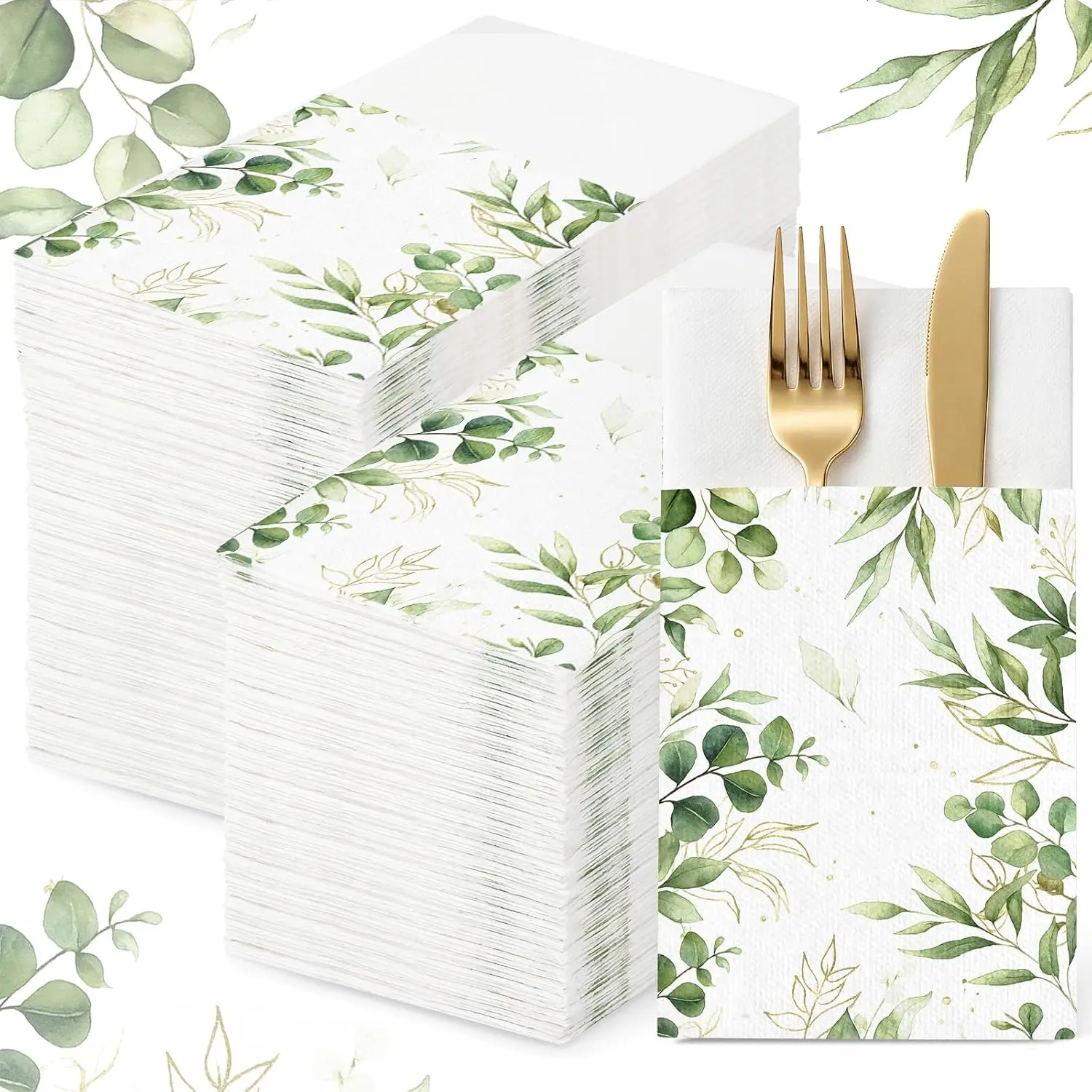 Sturdy Classic Thick Linen-Look Pocket Fold Napkins - 100-Set Eucalyptus Print Disposable Flatware Holders for Adults' Bridal Shower, Office Events