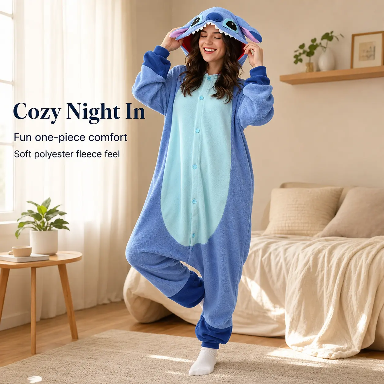 Blue Stitch Cartoon Onesie Unisex Thick Polar Fleece Hooded Animal Cosplay Loungewear Warm Fluffy Adult Kigurumi Sleepwear For All Seasons