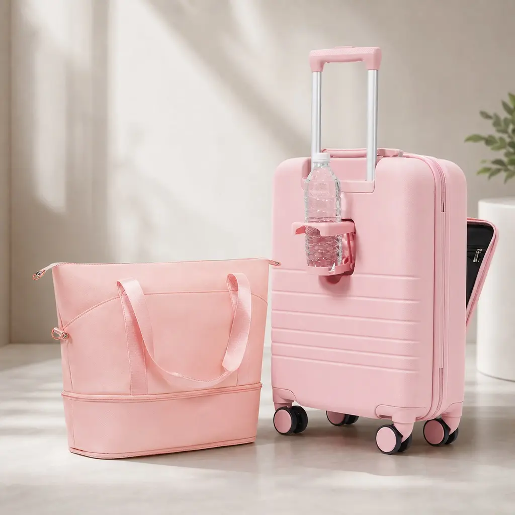 ARCH 20-Inch Carry-On Luggage Hard Shell Suitcase with Expandable Travel Bag Set, ABS Hardside Rolling Suitcase with USB Port and Cup Holder, Pink 2-Piece Luggage Set for Travel, Business, and Weekend Trips, Pink Color Options, ABS Material