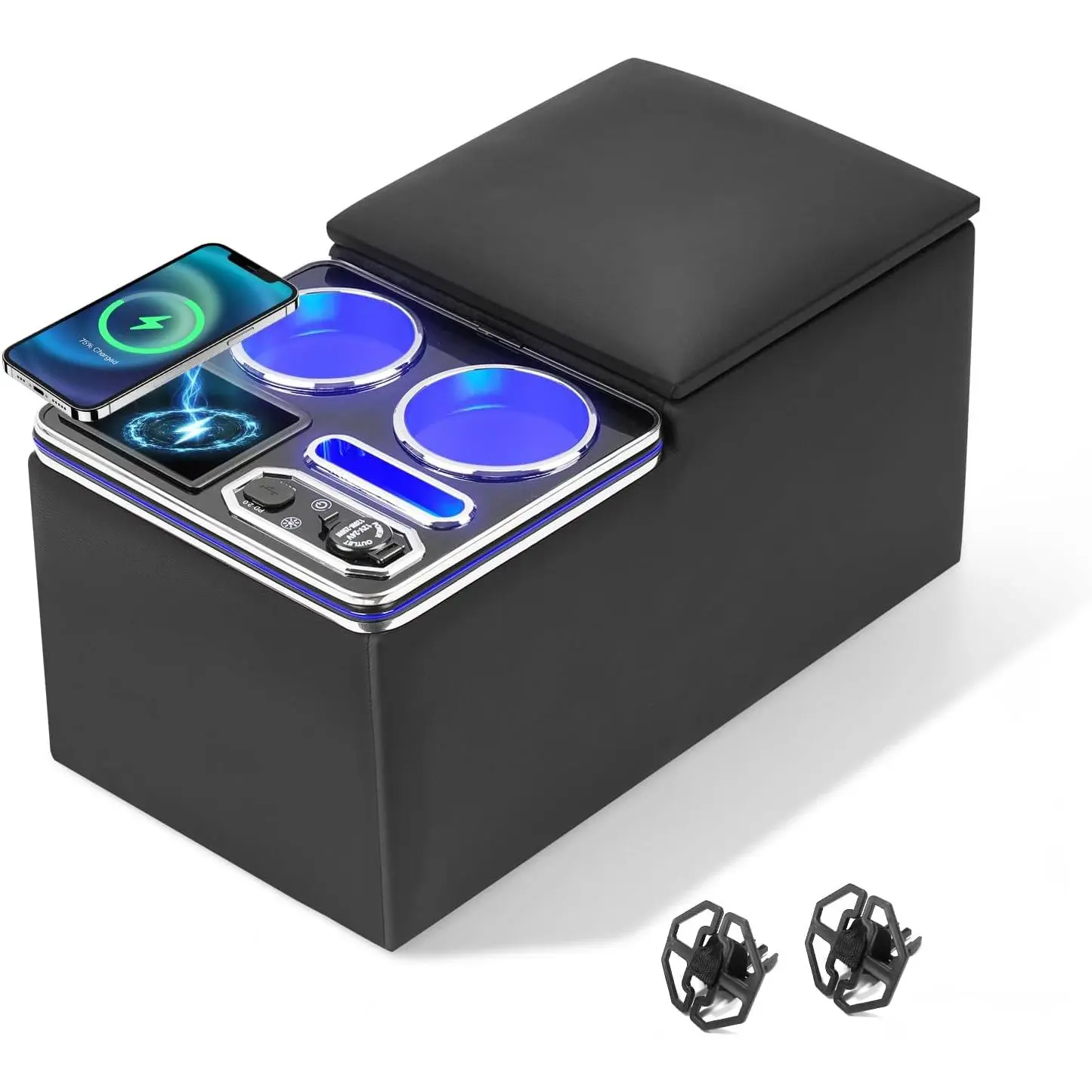 Center Console Organizer for Minivans & Vans - 7-Mode LED Lights, Adjustable Lighting, Cup & Phone Holders, Large Storage, Easy Install, Charging Ports, Bench Seat Armrest Organizer