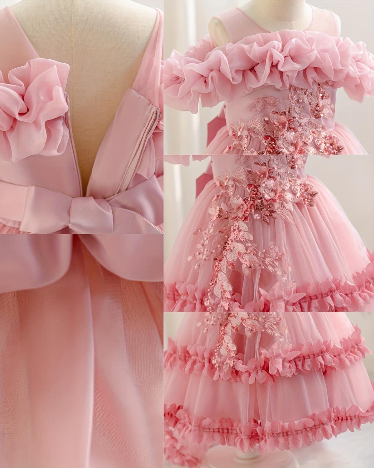 New Children's Skirt off-Shoulder Birthday Princess Solid Color Wedding One  Year Old Celebration Festival Three-