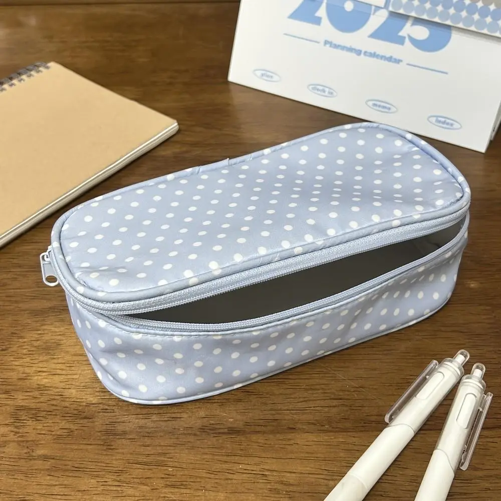 Girls' Light Blue Polka Dot Zipper Pencil Case, Soft Fabric Stationery Pouch, Cute Korean Design, Ideal for School, Travel, Daily Use