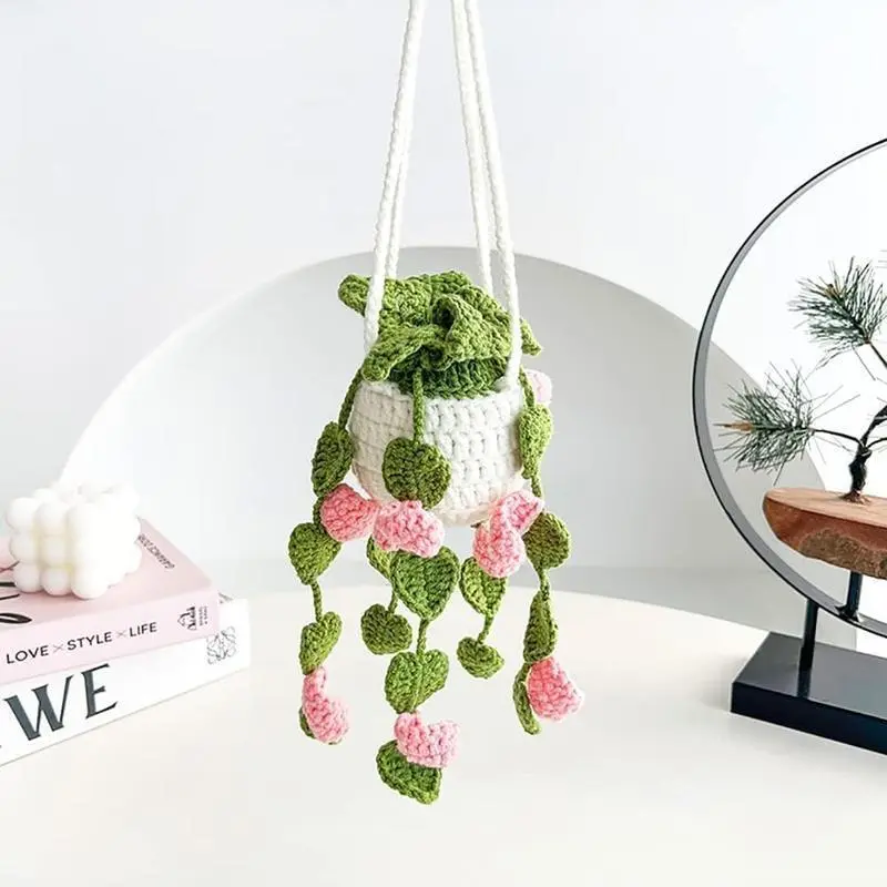 Hand Crochet Pink Floral Rearview Mirror Charm - Tencel, Chiffon, Satin Boho Lightweight Car Hanging Ornament, Vehicle Interior Decor Fashion Accessory