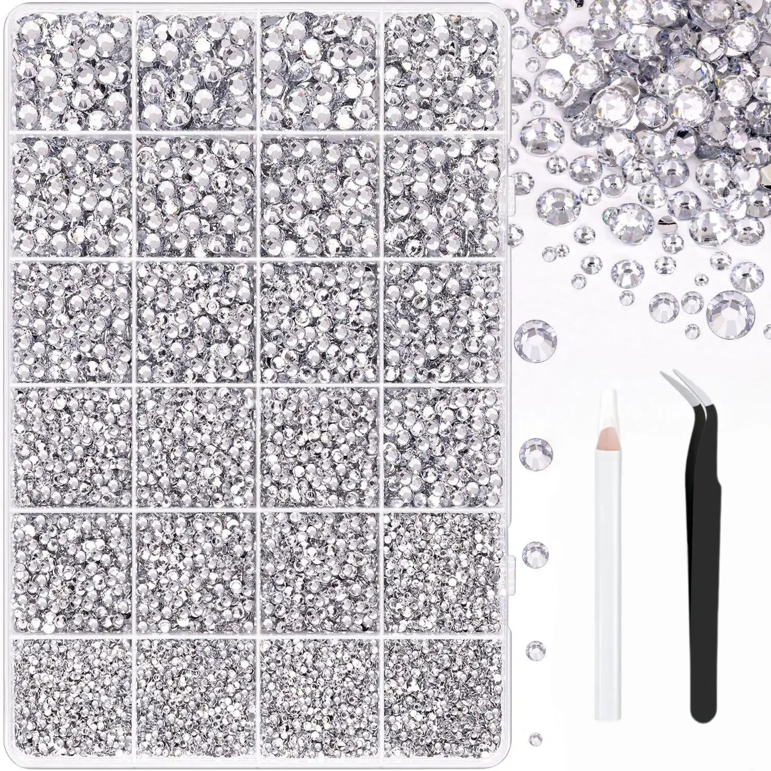 32000Pcs Resin Rhinestones for Bedazzling, Silver Clear Flatback Gems for Diamond Art, Crystal Bedazzler Kit with Tools for Nail Art Crafting Clothing Book Makeup