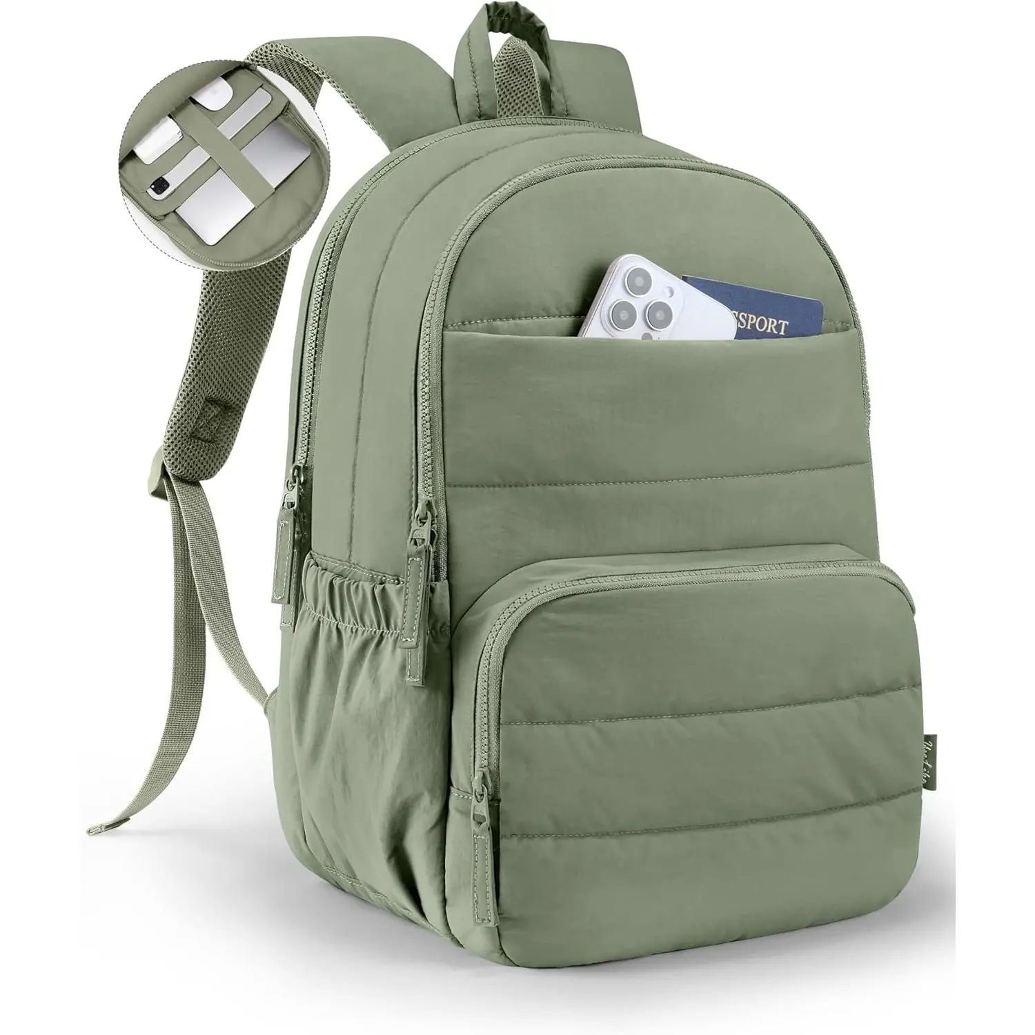 Travel Backpack for Women, 15.6 Inch Laptop Backpack, Quilted College Bookbag, Cute Work Backpacks, Water Resistant (Sage Green)