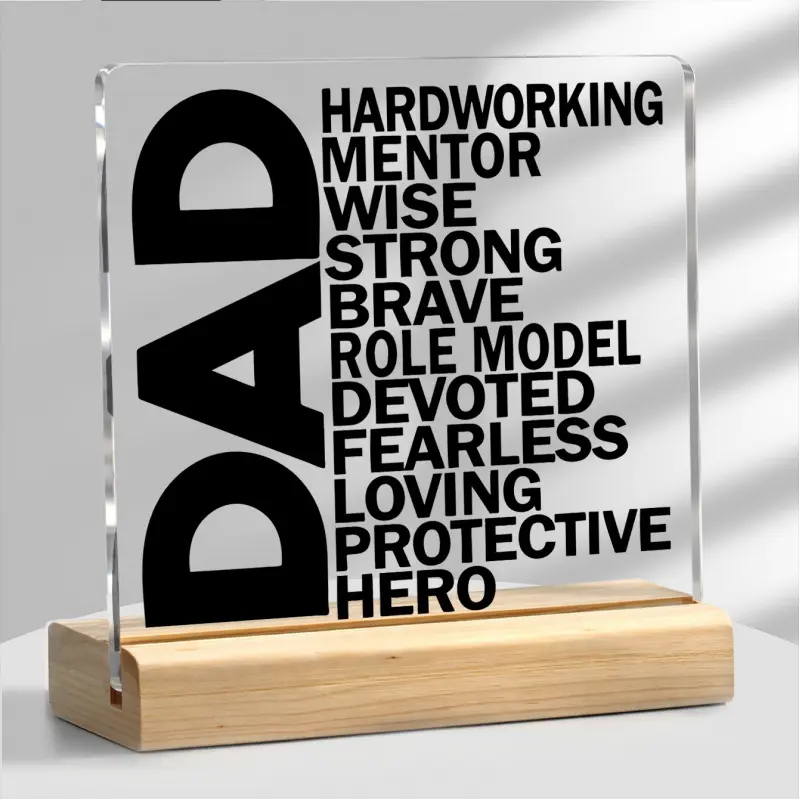 2D Flat, 1pc Modern Dad Plaque Gift with Wooden Stand - Acrylic Hero Father Award Suitable for Home Office Desk Decoration, Birthday, Father' Day & Christmas Gifts for Role Model Dad, Contemporary Tabletop Decor for Birthdays and Special Occasions