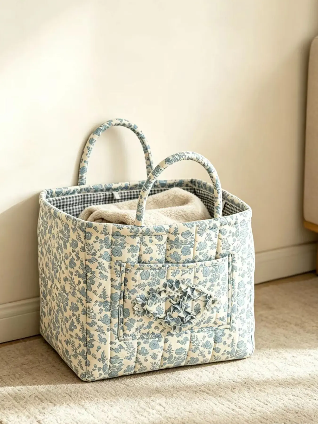 Blue Floral Quilted Fabric Storage Basket, Front Pocket & Ruffle Flower Decor, Reversible Gingham Lining, Large Capacity Organizer Bin