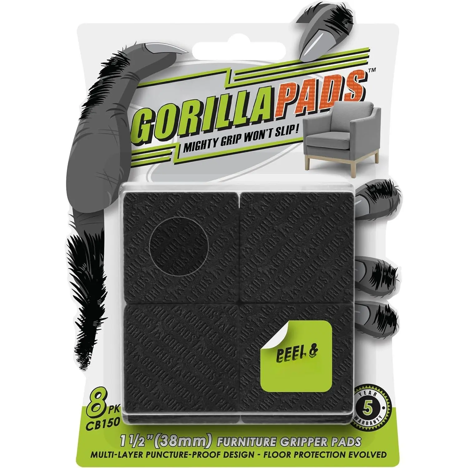 GorillaPads CB150 Non Slip Furniture Pads/Rubber Grips (Set of 8) Self Adhesive Furniture  Floor Protectors, 1-1/2 inch Square, Black