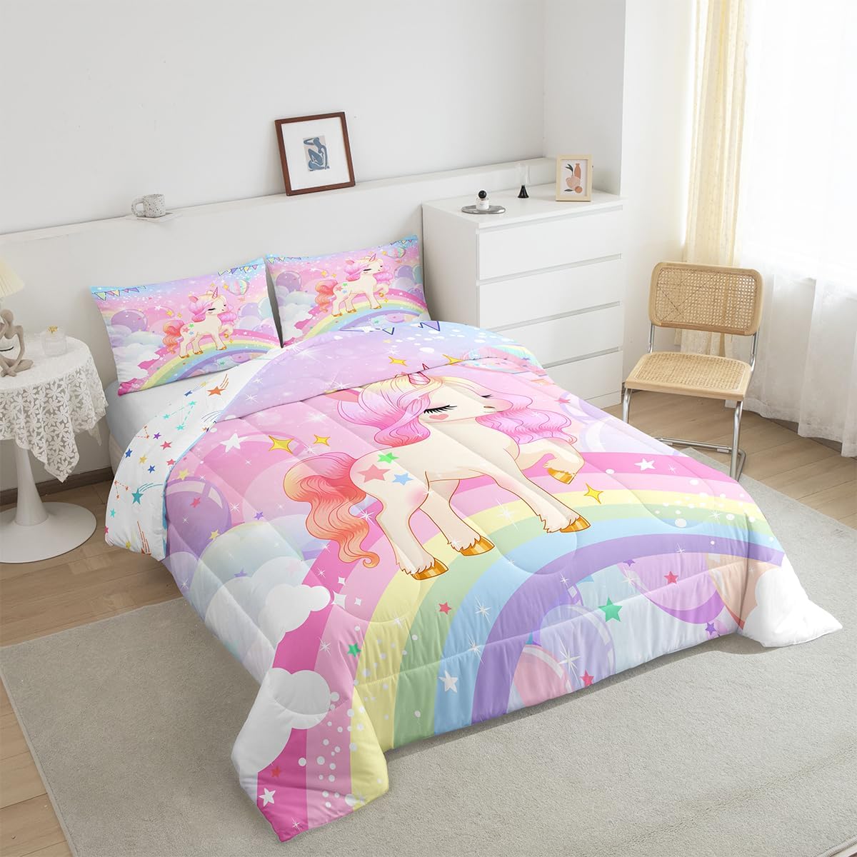 Unicorn Comforter Set,Rainbow Cartoon Unicorn Bedding Set,Pink Kawaii Cute Reversible Stars Comforter,Cozy Soft All Season Duvet Set with Pillowcase Colorful Fuzzy Blanket Lightweight Blanket