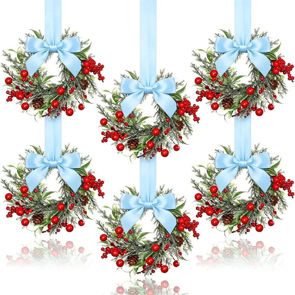 6-Piece Christmas Mini Window Decor Set, Ribbon Bow and Fruit Accents, Small Cabinet Hooks, Rustic Kitchen Door Decor, Perfect for Holiday Parties