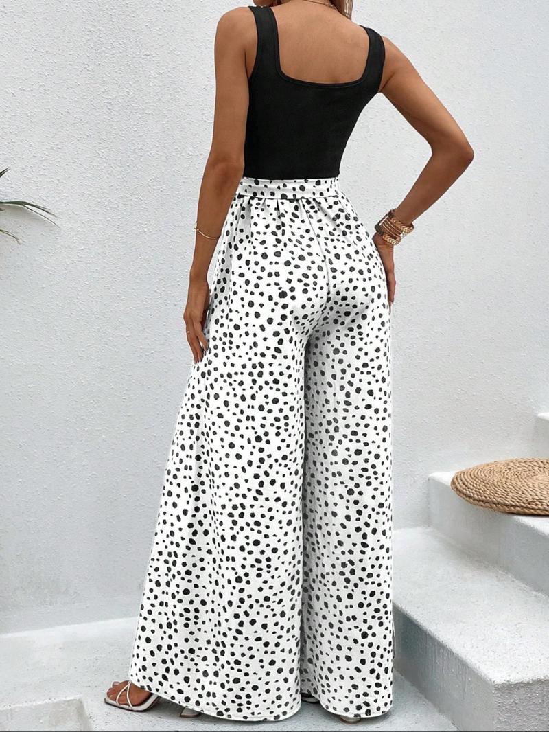 Women's Leopard Print Belted Wide Leg Jumpsuit, Casual Sleeveless Jumpsuit for Summer, Women's Jumpsuit for Daily Wear