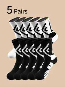 5 Pairs Men's Large Size Socks, New Trendy Basketball Socks, Sports Socks, Workout Socks, Gym Socks, Japanese Style Mid-Calf Socks, Sweat-Wicking Breathable Long Cuff Socks