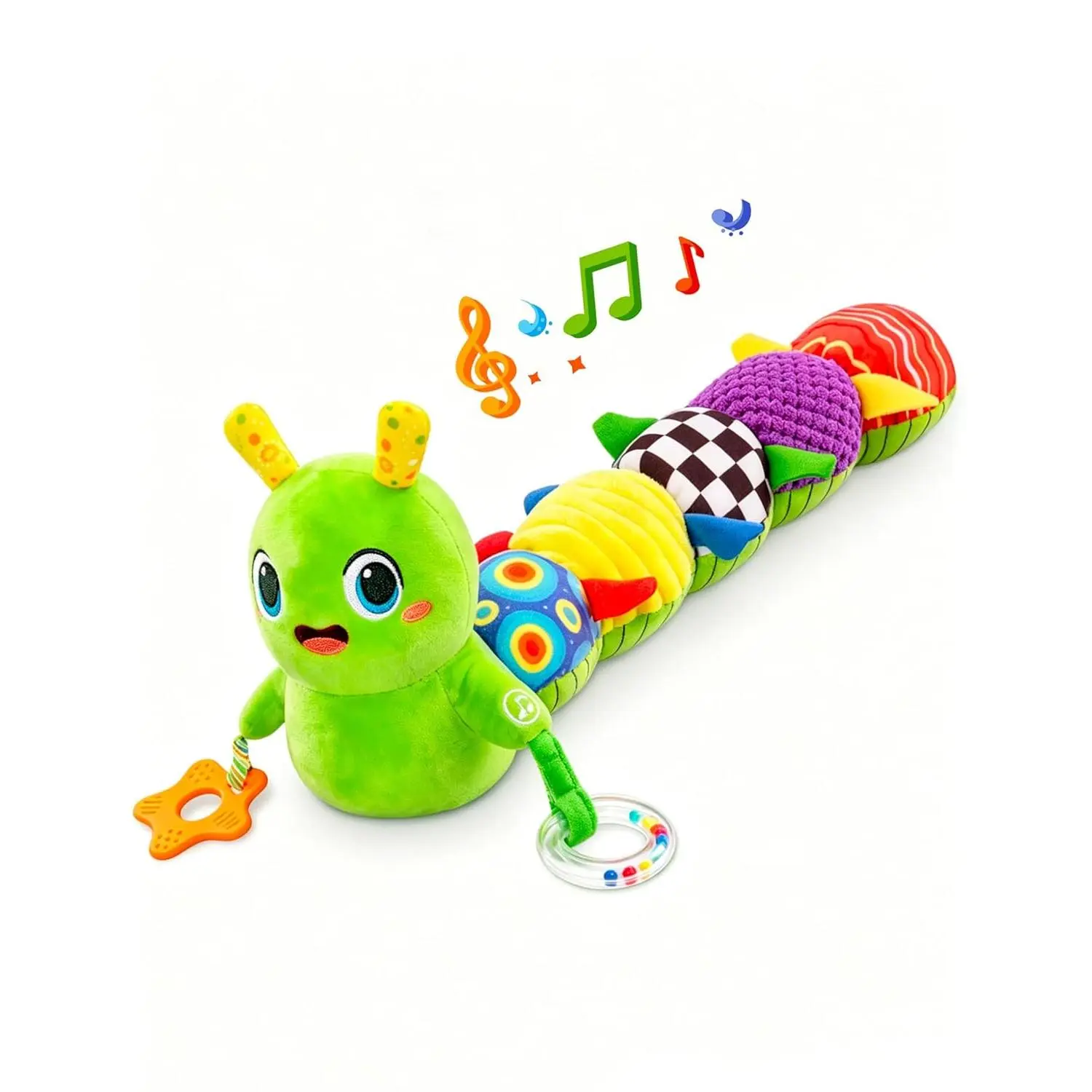 Cotton Musical Caterpillar Stuffed Plush Toy - Infant Play Tummy Time Crawler, 0-12 Months Development Music Toy, Teether, Bath & Stroller Activity Gift, Green, Hand Wash Only, Machine Wash Compatible