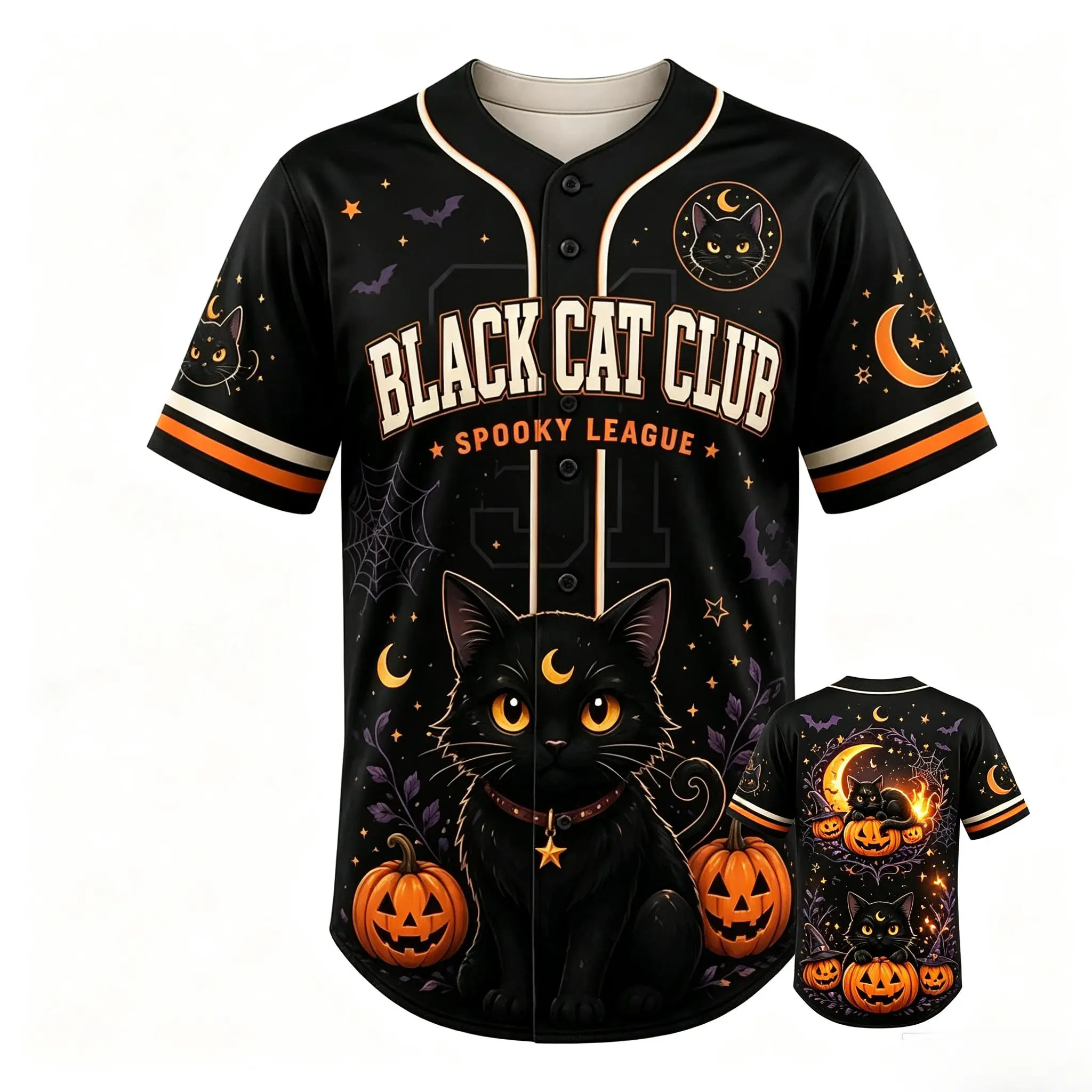 Black Cat Club Halloween Short Sleeve Baseball Jersey, Spooky League Retro Gothic Casual Streetwear Top # TikTokMadeMeBuyIt # HalloweenBaseballJersey # BlackCatGraphic # SpookySeasonStyle # EdgyDailyFit # AlternativeStreetTop # Halloween Party Gift