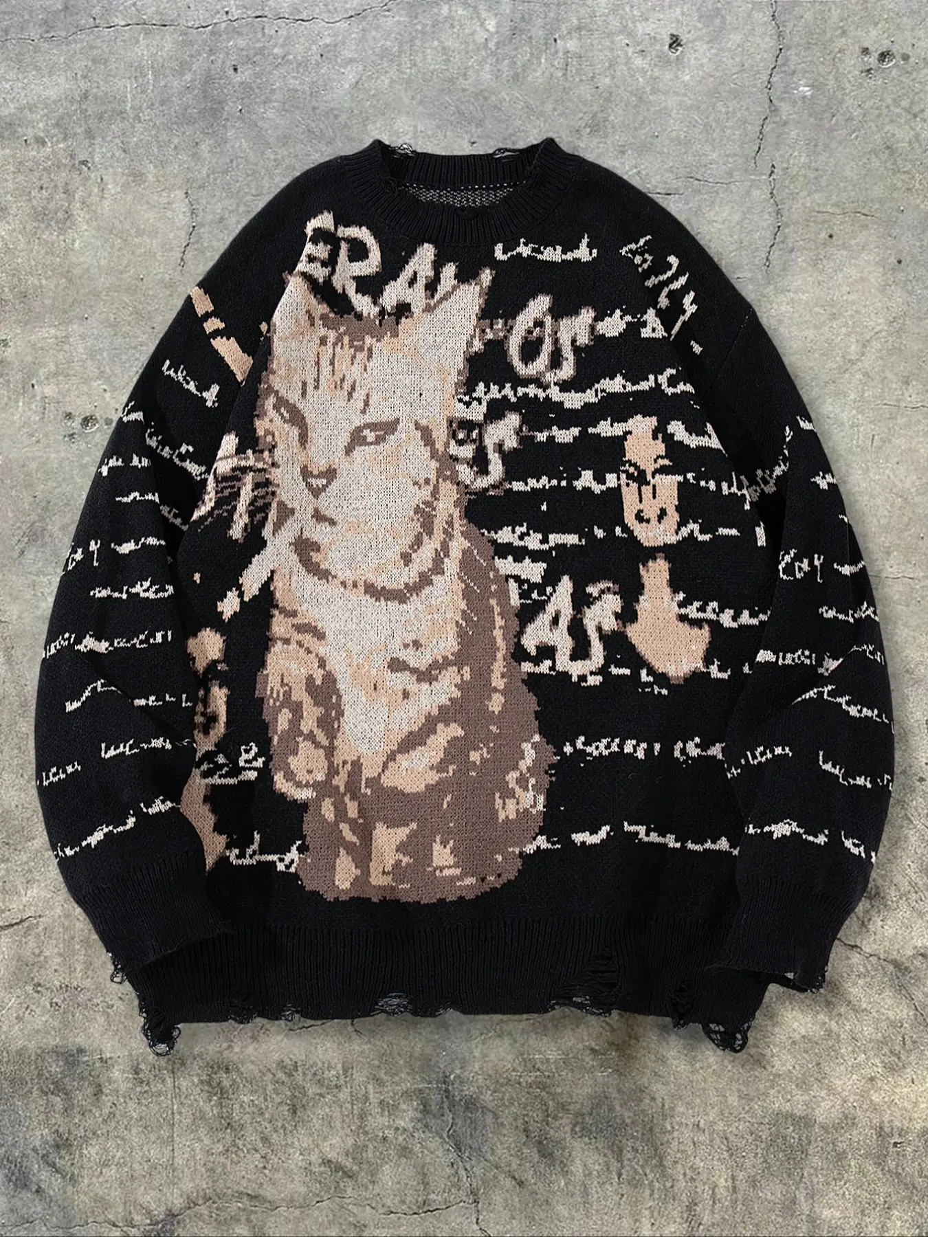 Men's Autumn Winter Casual Loose Fit High-Low Cat Print Animal Graphic Long Sleeve Round Neck Pullover Sweater, Casual Comfy Pullover, Vintage Street Style Knitwear, Casual Loose Jumper