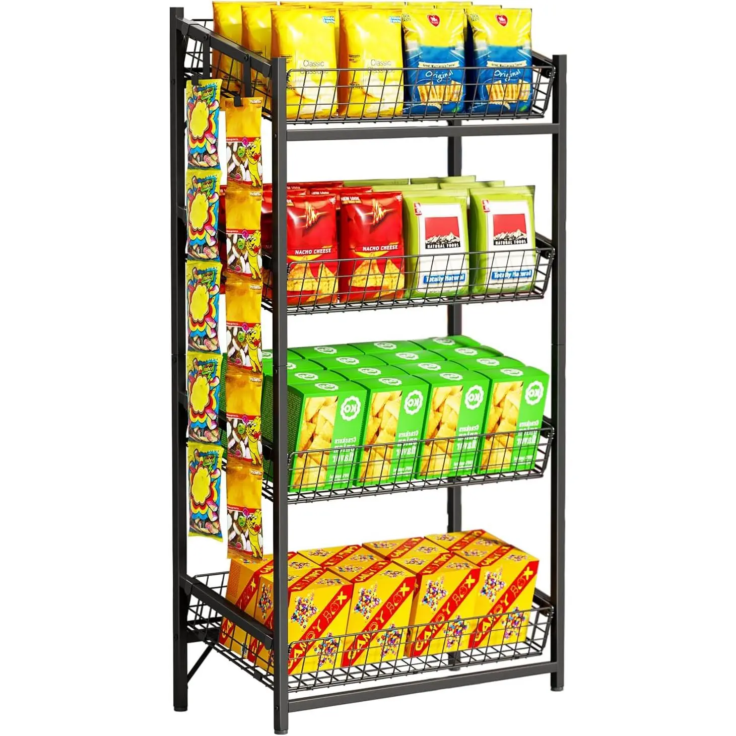 4-Tier Sturdy Steel Retail Snack Display Stand - Home Organizer with 2 Hooks, Smooth Kitchen Storage Rack, Easy Installation Concession Candy/Fruit Basket for Pantry, Office