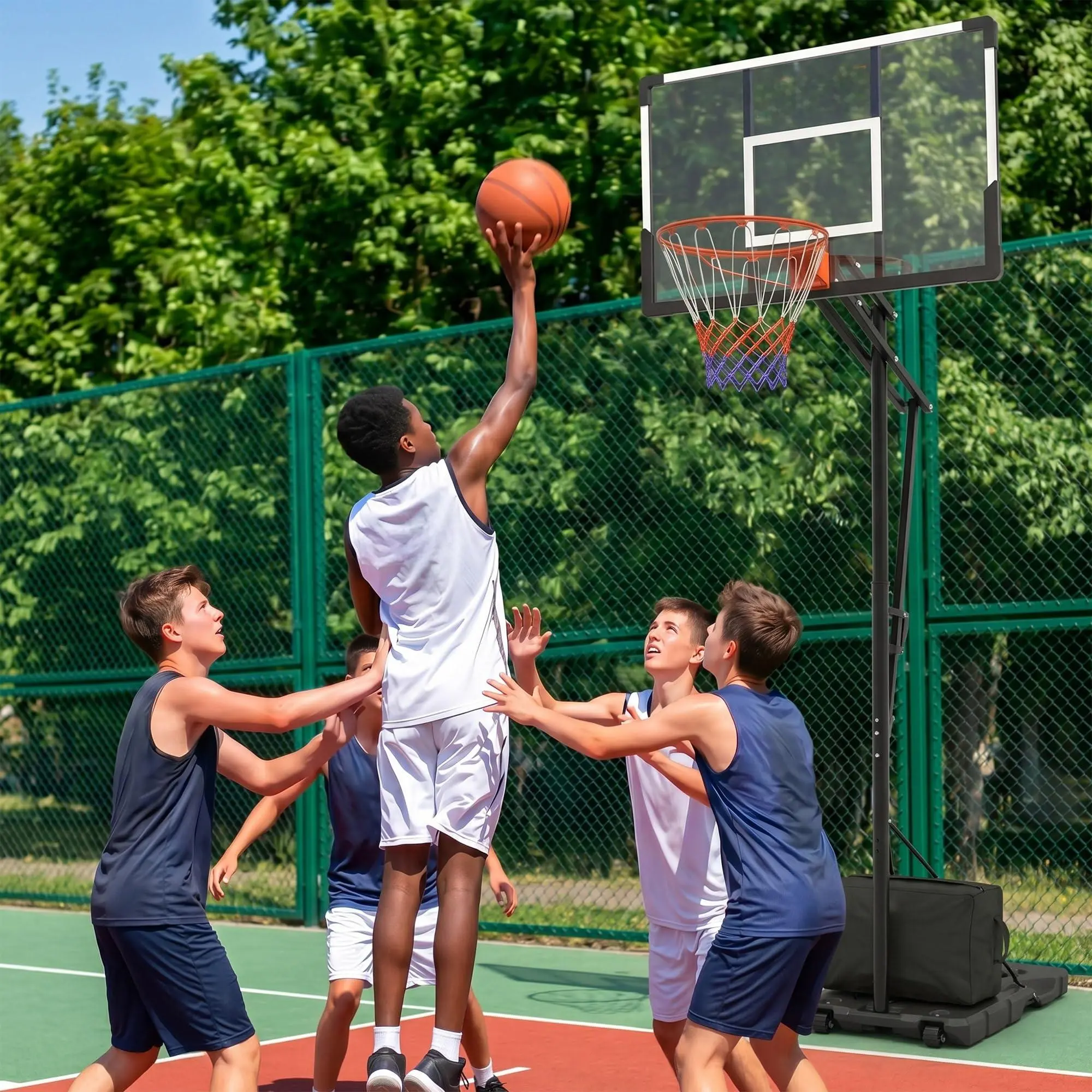 Portable Basketball Hoop System with Adjustable Height – 44"/48" Polycarbonate Backboard & Weatherproof Rim, Sturdy Rolling Stand for Driveway, Backyard, Park, or Indoor Court