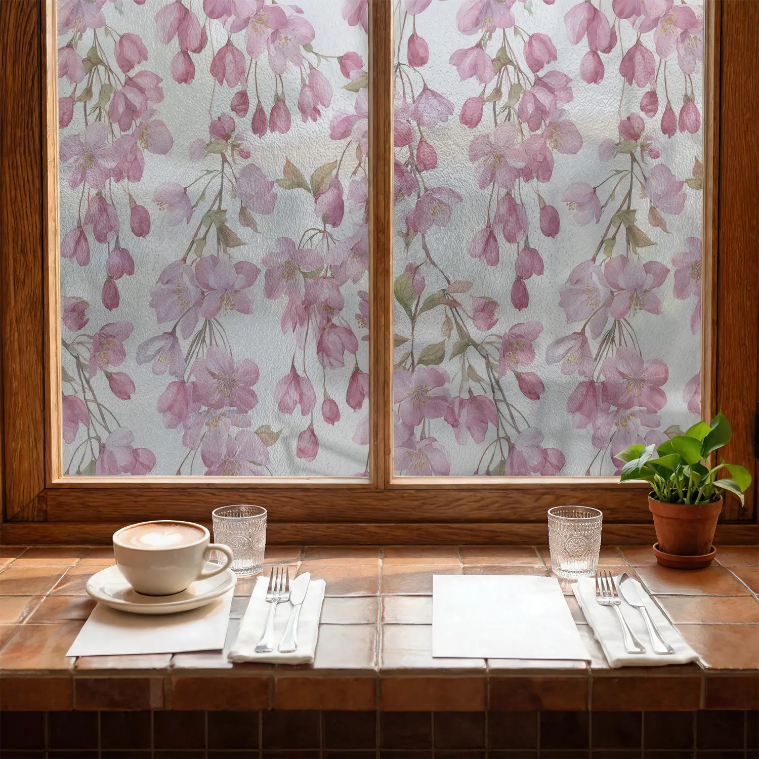Watercolor Crabapple Glass Film, Translucent Window Decor Sticker, Frosted Glass Decal, Wave Pattern Art Effect, 1 Roll PVC